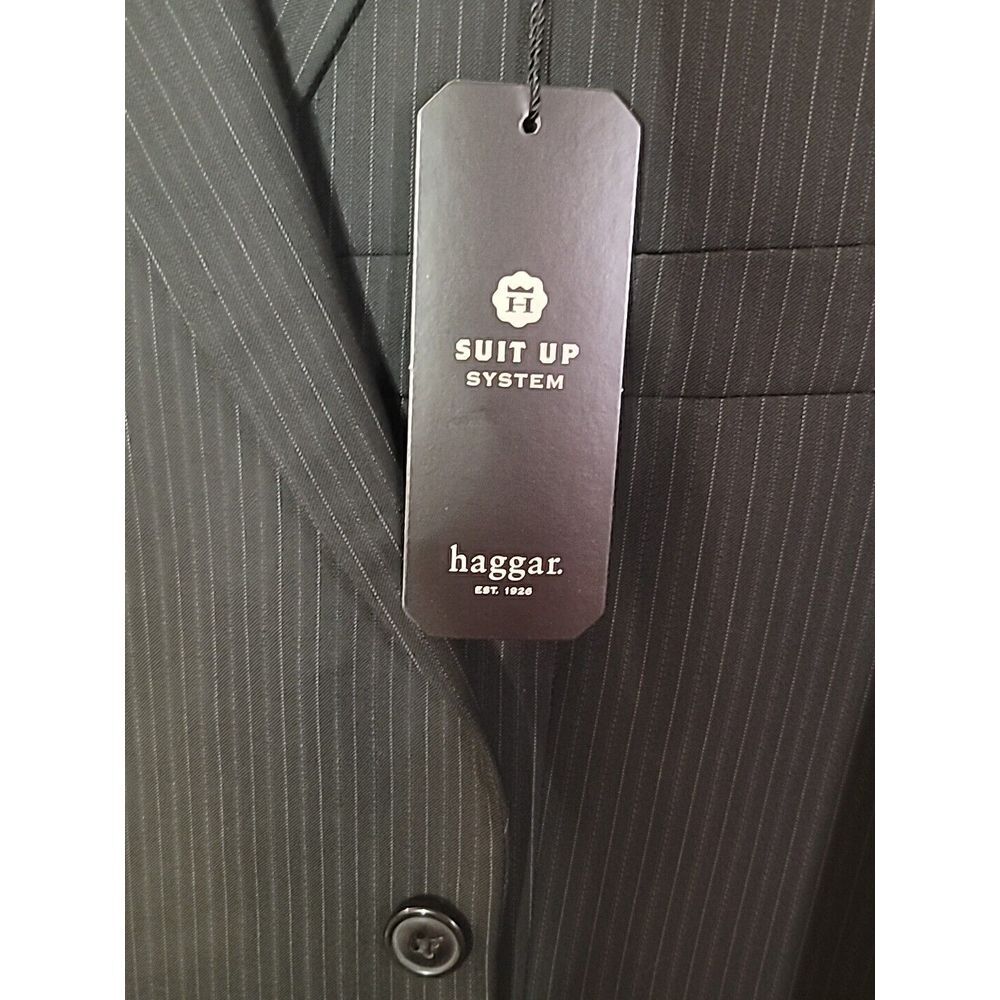 Men's Suit 42 Long Black Striped 34x32 Straight Leg 2 Piece NWT Haggar‎